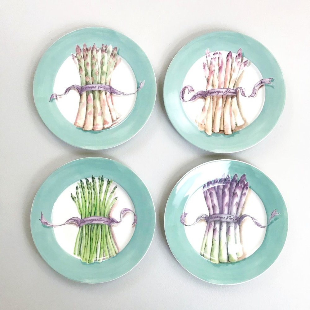 WILLIAMS SONOMA Asparagus Salad Plates Set 8.25" Spring Pastel French Farmhouse